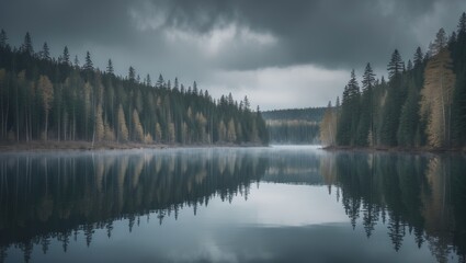 Fototapeta premium Nature's Reflection: Glacial Lake and Spruce Forest Line with Scenic Symmetry