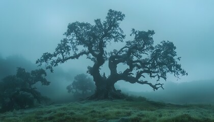 Obraz premium Misty landscape featuring a large, ancient tree.