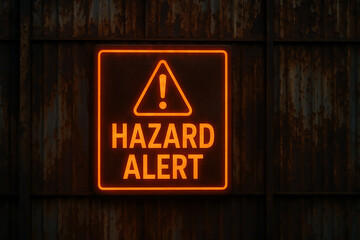 A glowing orange hazard alert sign displayed on a textured surface, emphasizing safety and awareness. The sign warns of potential dangers, highlighting the importance of caution.