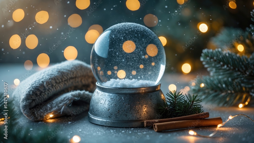 Poster snow globe with rustic elements like pine branches, cinnamon, and a gray scarf in a winter setting w