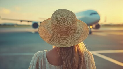 Joyful traveler in straw hat amidst airport adventure
