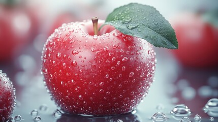 Fresh red apple with water droplets on surface against soft background