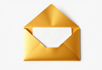 Elegant gold envelope with blank white card, isolated, mailing, celebration