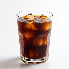 Iced Café de Olla with traditional spices—cinnamon, clove, and orange zest—with ice cubes in a clear glass on white background