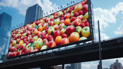 Giant billboard displaying colorful apples and strawberries in a city.
