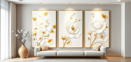 Elegant white and gold floral wall art panels on minimalist background, sophisticated, gold flowers