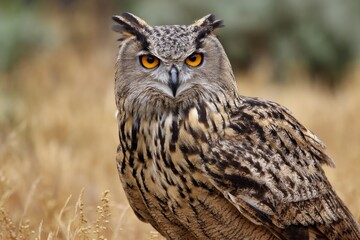 Majestic Eurasian Eagle Owl: Intense Gaze in Serene Field