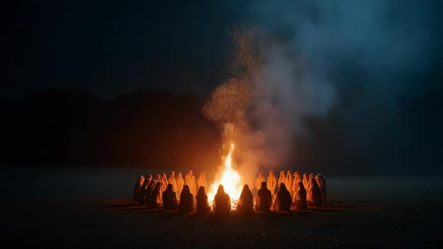 Woman in traditional white embroidered dress performing ritual ceremony with bonfire. Summer solstice celebration. Ancient pagan festival and spiritual	footage.  Festival of lohri or Holi or Holika