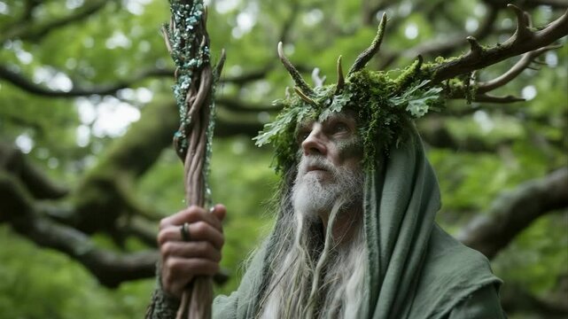 A druidic figure cloaked in green, standing among ancient oaks, holding a staff adorned with crystals.
