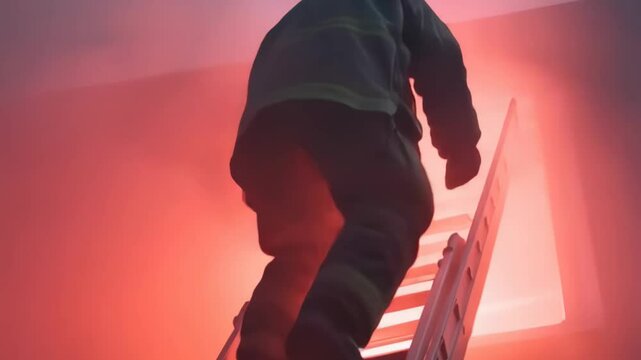 Silhouette of a firefighter on the stairs on fire. Firefighter will rescue from a burning building
