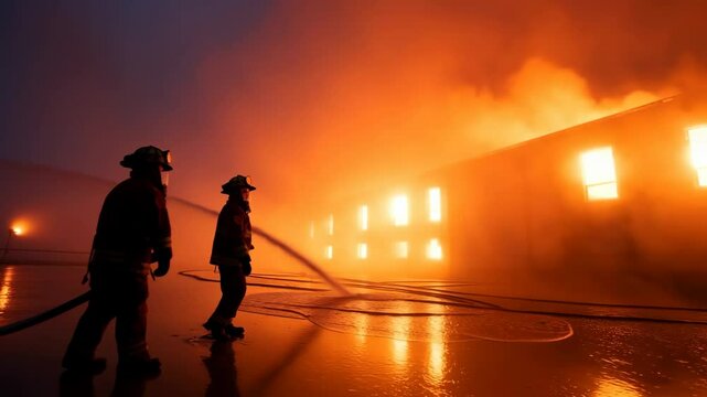 A firefighter puts out fire. A firefighter puts out a fire in a two-story building. 