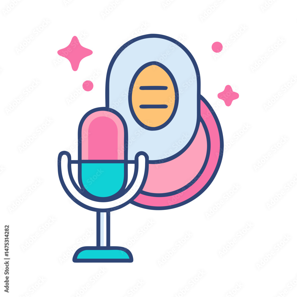 Poster abstract illustration of podcast setup with microphone and background