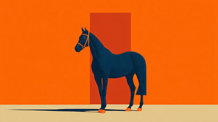minimalist graphic art of dark horse standing near colorful modern architecture with orange blue and yellow geometric doors and shadows design concept
