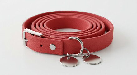 Red dog collar with metal tag on white background.