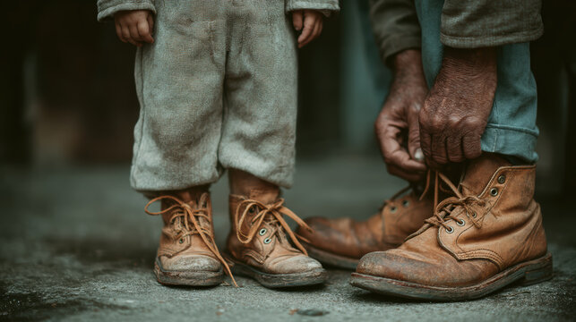 A father tying his son is shoes with care before school