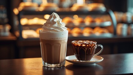 Chocolate and coffee-themed cappuccino ice coffee with hot coffee in glass and cup on dark wooden surface, blurred background