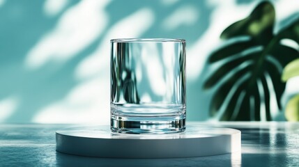 A simple yet elegant glass of clear water rests on a marble surface, illuminated by natural light, conveying freshness and tranquility in a minimalist setting.