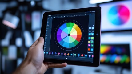 Digital tablet displaying a color wheel graphic interface.