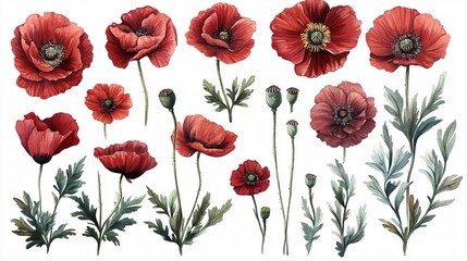 Fototapeta premium Vibrant Red Poppies and Leaf Bud Arrangement on White Background
