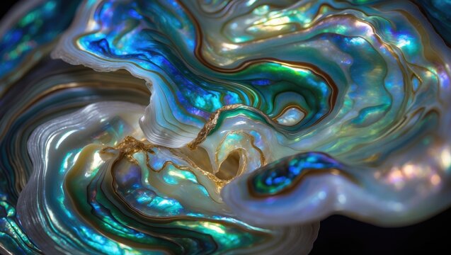 High-powered macro photography of an abalone shell displaying colorful iridescent layers.