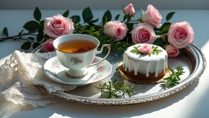 Fototapeta premium A silver tray from the past with lace napkin, rosebuds, a cup of tea, and a book