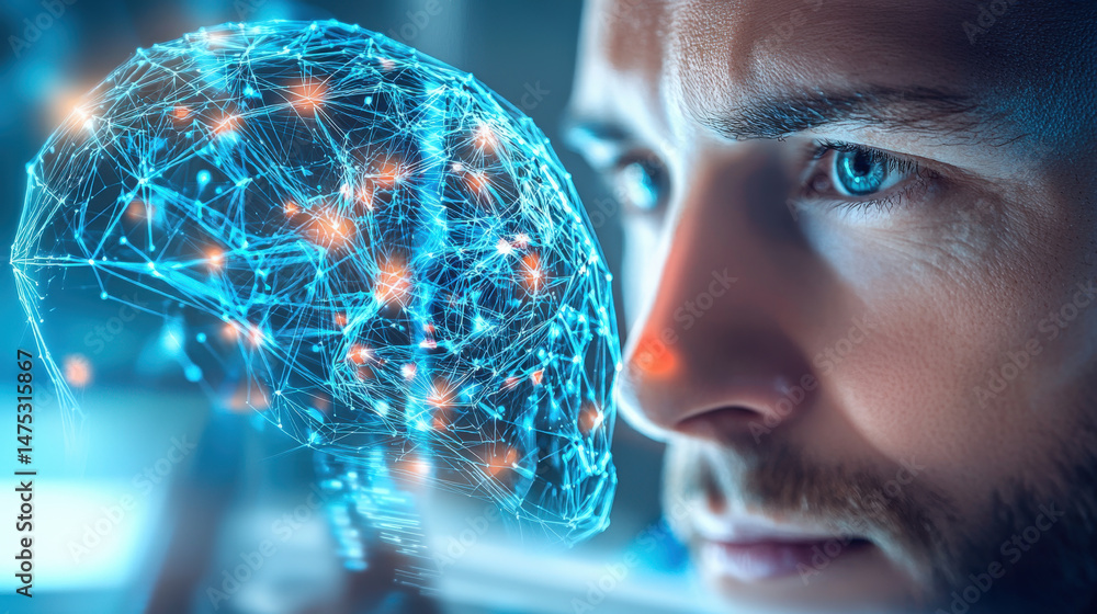 Poster exploring innovations in neural interfaces technology lab digital art futuristic close-up mind-machi