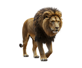 Majestic male lion walking forward with a golden mane transparent background