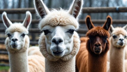 Cute alpaca's face with white wool and furry features, outdoor nature background