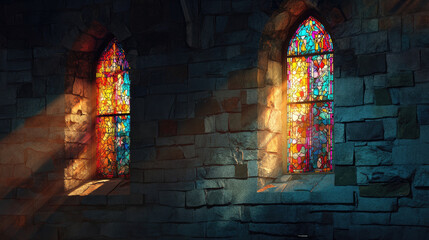 Vibrant stained glass panels in dark interior