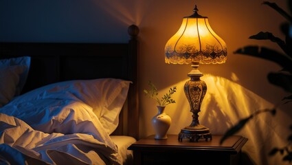 Comforting yellow radiance from the lamp in the evening within the dark bedroom beside the bed producing a romantic vibe