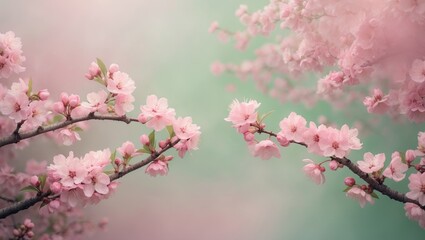 Obraz premium Blooming cherry pink blossoms in close-up against a floral background, suitable for wide banner or flyer with space for text.