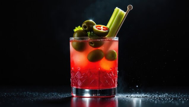 A cocktail of vodka mixed with tomato juice, garnished with a spicy snack on a stick. - Powered by Adobe