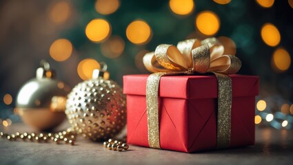 Baubles and a red gift box amidst a display of Christmas lights.