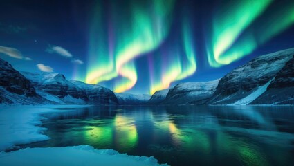 Fototapeta premium Aurora in the sky over a fjord, reflected on the sea during winter