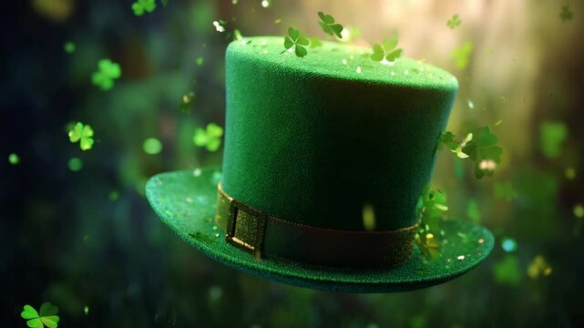 St. Patricks Day themed green top hat with gold buckle hovering mid-air among glowing shamrocks, illuminated by warm, dreamy sunlight in a forest-like atmosphere 