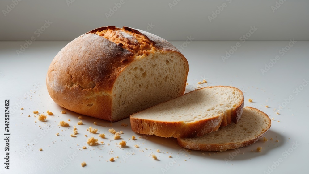 Poster close-up view of sliced round baked bread with crumbs and spikelets on a white background