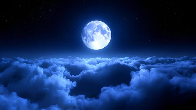 "Looped 3D animation of flying above endless clouds under a glowing full moon and sparkling stars, seamless night sky