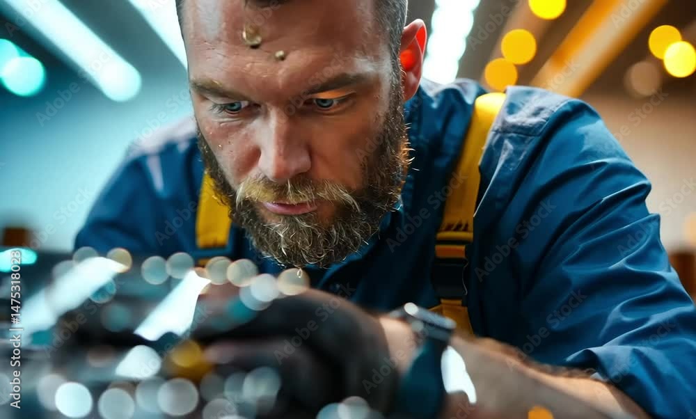 Poster expert mechanic repairs engine components with precision in workshop