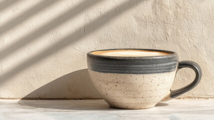 Beige and gray ceramic mug on a light background