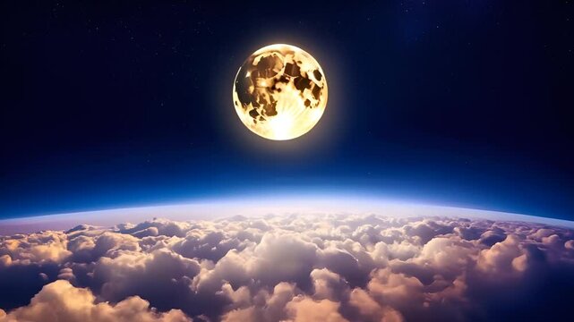 "Looped 3D animation of flying above endless clouds under a glowing full moon and sparkling stars, seamless night sky