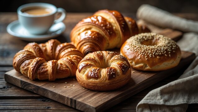 Delicious baked pastries close-up shot on a wooden table