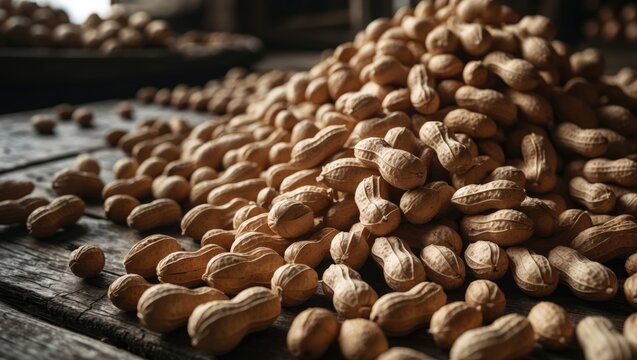 A close-up of recently gathered groundnuts with shells preserved, spread across a rustic wooden tabletop. The image focuses on the texture and organic coloration of groundnuts.
