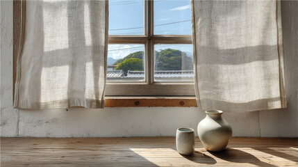 White window curtains with sunlight