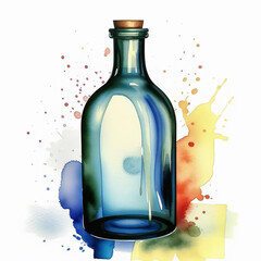 empty glass bottle, watercolor illustration. artificial intelligence generator, AI, neural network image. background for the design