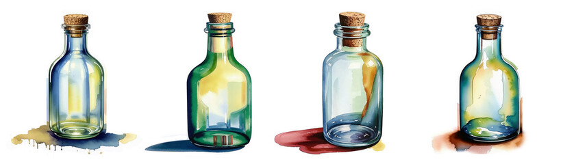 empty glass bottle, watercolor illustration. artificial intelligence generator, AI, neural network image. background for the design