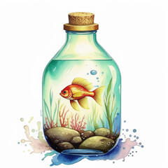glass bottle with fish, aquarium, watercolor illustration. artificial intelligence generator, AI, neural network image. background for the design
