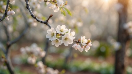Obraz premium Orchard or Garden with Blooming Plum Flowers