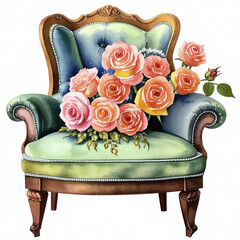 interior armchair with a bouquet of roses, beautiful flowers on a soft armchair, illustration. artificial intelligence generator, AI, neural network image. background for the design