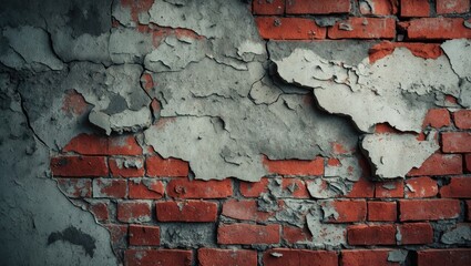 Red brick wall with deteriorated peeling plaster
