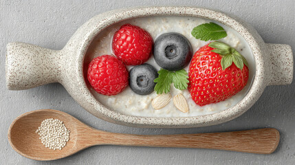 Oatmeal with berries in bowl and spoon